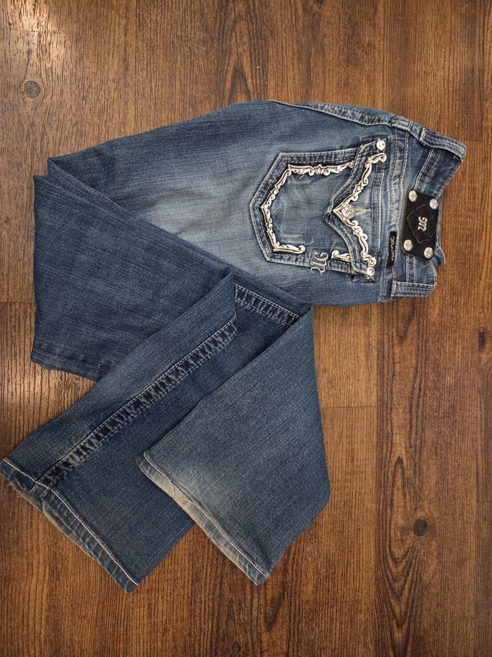 Miss Me Womens Blue Embellished Pocket Bootcut Jeans